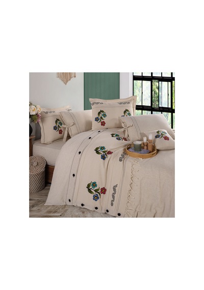 Çiçek Desen 200x220 Pamuk-keten Taş Baskılı Çift Kişilik Nevresim Takımı Krem - 747895135 Krem