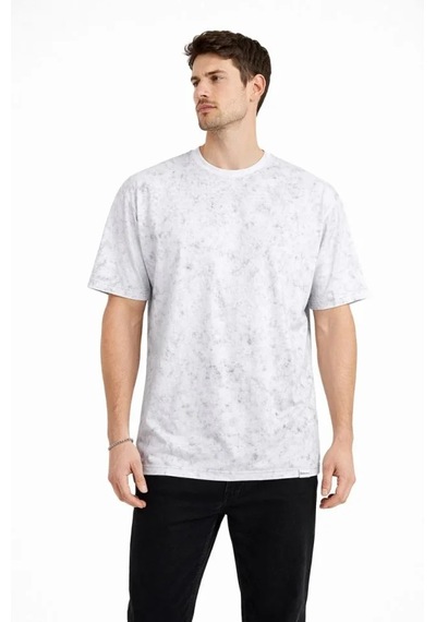 Suma Erkek Beyaz Asit Yıkama Bisiklet Yaka Kısa Kollu Oversize T-shirt