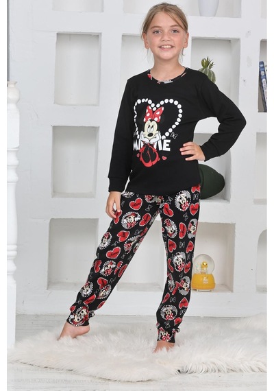 Miniğimin Cicileri Mnn Ms Kalpli Kız Çocuk Pijama Takımı - Siyah Siyah