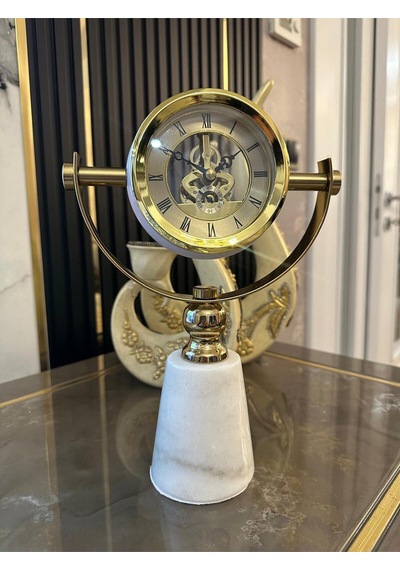 Lüks Gold İskelet Mekanizmalı Mermer Tabanlı Dekoratif Masa Saati Altın