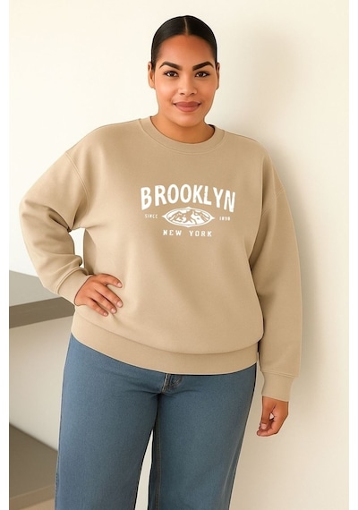 Benroma 3 İplik Penye Brooklyn Baskılı Unisex Sweatshırt Bej