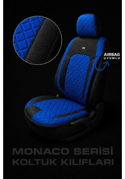 Vw Golf 7 Kasa 2013-2020 Uyumlu Monaco Serisi Eviza Deri Detaylı Mavi Koltuk Kılıfı