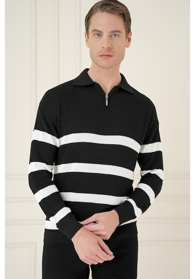 Efor Slim Fit Çizgili Fermuarlı Polo Yaka Siyah Triko Kazak Tr 877 Siyah