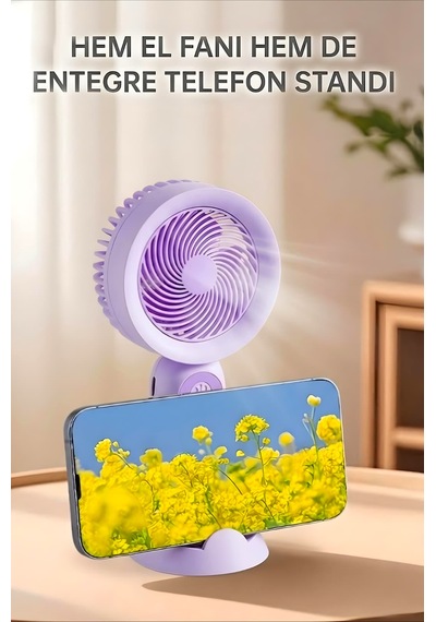 Şarjlı Taşınabilir Mini El Fanı 3 Kademeli Hız Ayarlı Telefon Standlı Vantilatör Mor