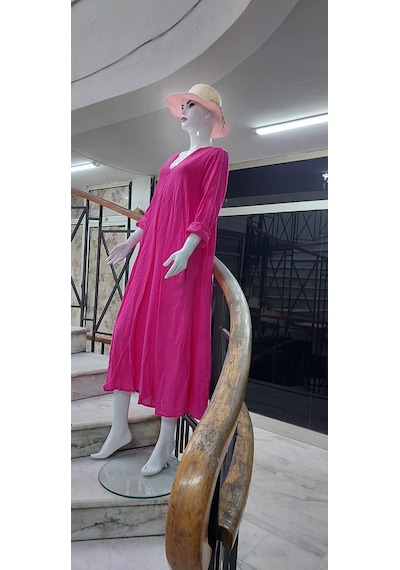 Bohem Stil İtalyan V Yaka Uzun Kol Keten Elbise-8907 Pembe