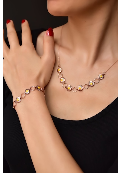 Papatya Silver 925 Ayar Gümüş Rose Kaplama Halka Mineli Papatya Kolye ve Bileklik Set