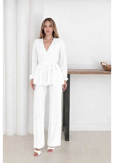 Unika Boutique Antrasit Krovave Pliseli Takım beyaz