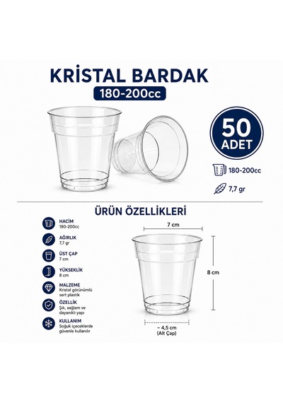 Kristal Plastik Bardak 180-200 Cc 50 Adet Şeffaf Sert Tek Kullanımlık Bardak Su Meşrubat Içecek Servis Bardağı