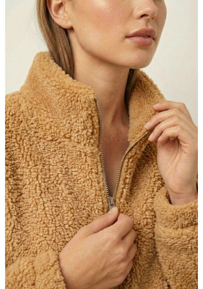 Kadın Peluş Tam Fermuarlı Cepli Sherpa Kuzu Kumaş Oversize Peluş Polar Sweatshirt Bej