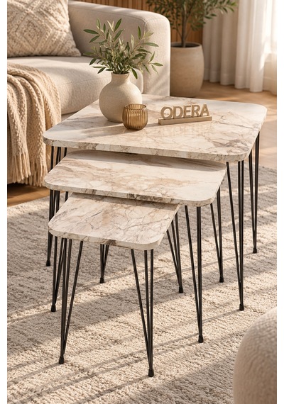 Odera Efes Ahşap Desenli Zigon Sehpa 3'lü Set Metal Tel Ayaklı Modern Retro Salon Sehpası Diğer