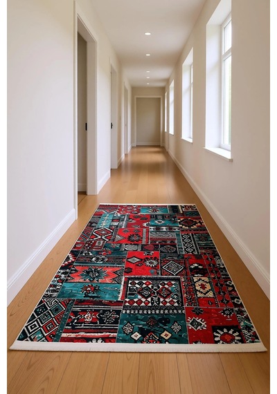 Blghome Dokuma Tabanlı Dijital Baskı Halı Blg3820 Kırmızı - Mavi