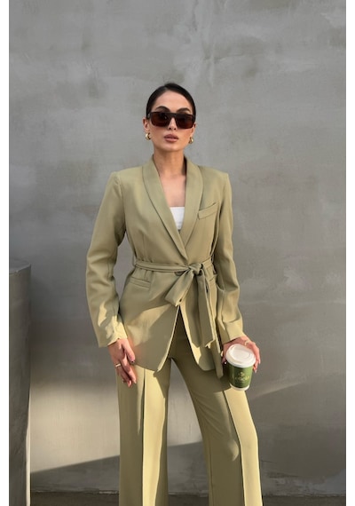 Msm Fashion Kadın İkili Kuşaklı Blazer Ceket Pantolon Takım Açık Haki