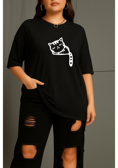 Büyük Beden Çizgili Uykusuz Kedi Baskılı Unisex Tişört SIYAH
