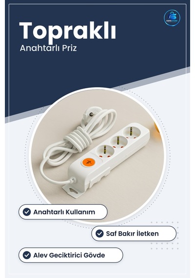 Grup Priz Uzatma Kablosu Anahtarlı Topraklı Bakır İletkenli Pvc E 1.5