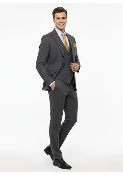 Presto Erkek Slimfit Armürlü 6 Drop Yelekli Takım Elbise Füme 786-070 Gri