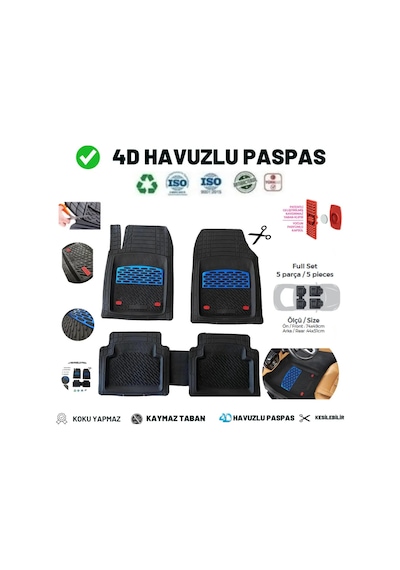 Fiat Egea Hb 2022 Uyumlu 4 Cm Derin Havuzlu 5 Parça Set 3d Paspas Takımı Siyah - Mavi