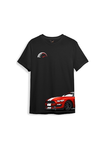 Araba Yan Detaylı Hız Limiti Baskılı Regular Fit %100 Pamuk Siyah T-shirt Siyah