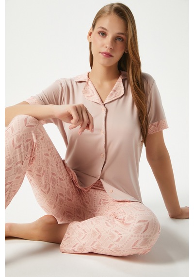 Ritnice Kadın Andra Pudra Ön Düğmeli Kısa Kol Alt Üst Pijama Takımı Pudra