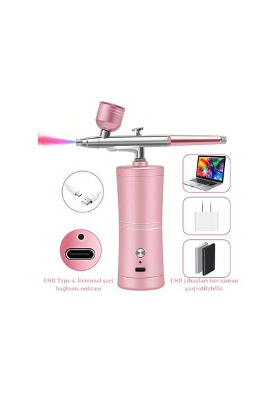 Şarjlı Airbrush Boya Tabancası Seti Kompresörlü Tırnak Sanatı, Hobi Boyama, Pasta Süs, Nemlendirici Pembe - 832254564