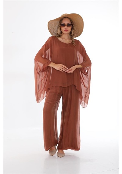 Bohem Stil İtalyan Yarasa Kol İpek Bluz & Pantolon Takım-8767 Tarçın Bohem Stil İtalyan Yarasa Kol İpek Bluz & Pantolon Takım-8767 Tarçın
