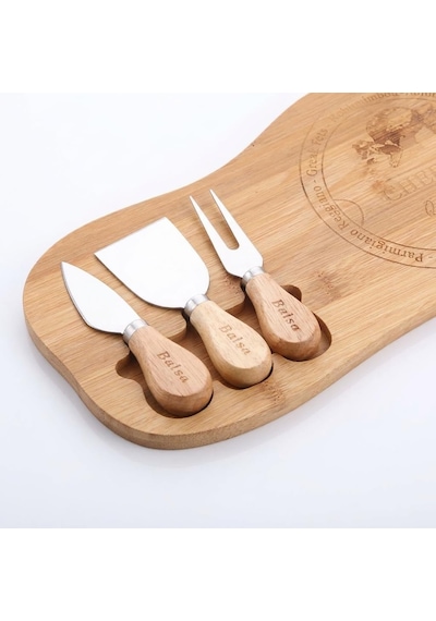 Peynir Sunum Seti 4 Parça, Bambu Servis Tahtası Ve 3 Parça Peynir Bıçağı Seti, Peynir Tabağı, Kahvaltı, Meze, Şarküteri Ve İkramlık Sunum Tahtası, 33 X 17,5 X 1,2 Cm