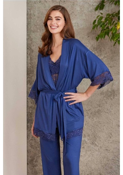 Pierre Cardin Dantelli Sabahlıklı Penye Pijama Takımı Lacivert 001
