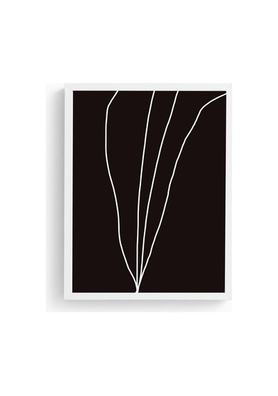 Beyaz Ahşap Çerçeveli Minimal Yaprak Desenli Tablo - Siyah Beyaz Huhu1083