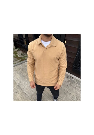Erkek Fitilli Polar Sweatshirt Düğmesiz Yaka Oversize - Bej