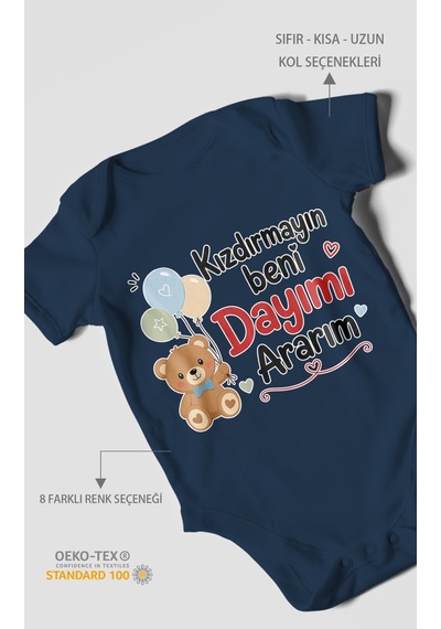 Morivokids Kızdırmayın Beni Dayımı Ararım Kısa Kollu Bebek Body %100 Pamuk Lacivert