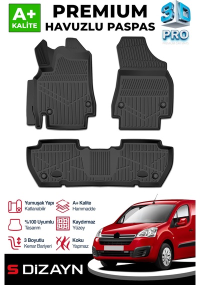 S-dizayn Citroen Berlingo 3d Pro Havuzlu Paspas 2008-2018 Üzeri A+ Kalite
