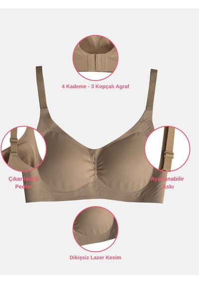 Alya Underwear Kadın Dikişsiz Sütyen Çıkarılabilir Yuvarlak Kaplı Lazer Kesim Görünmez Sütyen Siyah Taş Rengi
