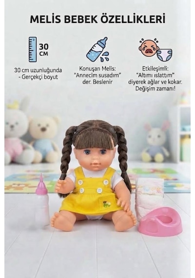 Altını Islatan Konuşan Melis Bebek 30 Cm - Aksesuarlı Kafası Kolları Et Oyuncak Bebek Siyah