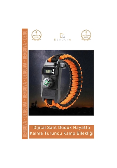 Bileklik Paracord Dijital Saatli Sos Led Pusula Magnezyum Hayatta Kalma Turuncu Kamp Bilekliği