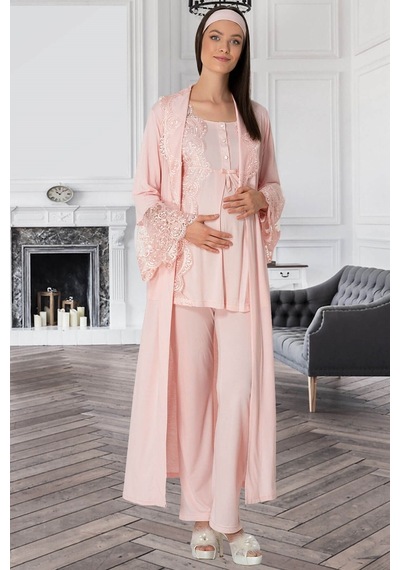 Mecit Pijama 5353 Sandra Dantelli Yaka Sabahlıklı Lohusa Pijama Takımı 001