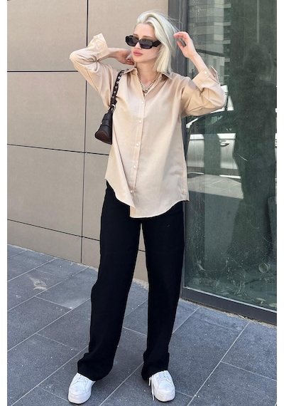 Madmext Mad Girls Bej Oversize Gömlek Mg1369-bej Bej