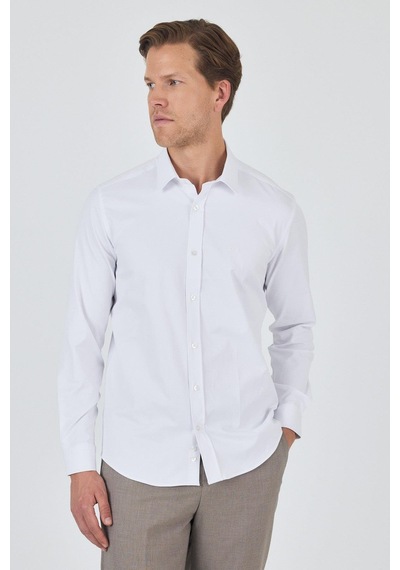 İmza Uzun Kol Düz Bez Ayağı Sert Yaka Cepsiz Pamuklu Classic Slim Fit Gömlek 1004250211 Beyaz