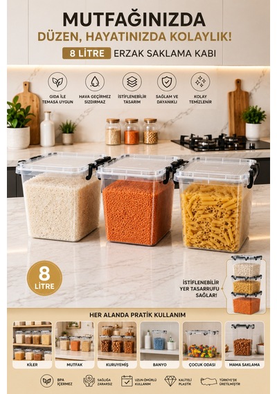 Freshbox 8 Litre Premıum Kilitli Erzak Saklama Kabı Diğer