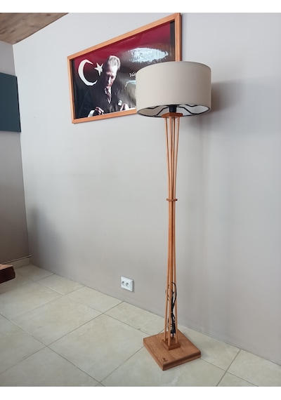 Açık Meşe Ahşap Lambader-bej Başlıklı Köşe Lambası-anahtarlı Kablo
