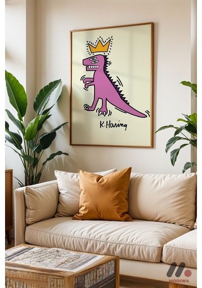 Taçlı Dinozor Pop Art, Ahşap Çerçeveli Duvar Tablosu - Renkli Ev Dekorasyonu