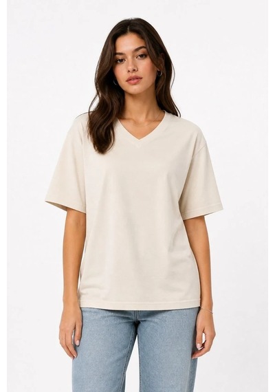 Tarzyeri Kadın V Yaka Basic Tişört Kısa Kol Yazlık Regular Fit T-shirt - Bej