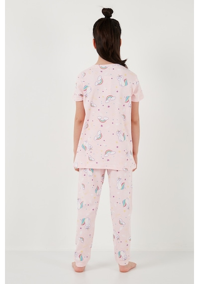 Lela % 100 Pamuk Bisiklet Yaka Kısa Kollu Kız Çocuk Pijama Takımı 6651002 Pembe-Beyaz