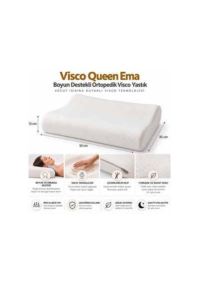 Homedius Visco Queen Ema Boyun Destekli Ortopedik Visco Yastık 55x35x12 Cm 2'li Beyaz