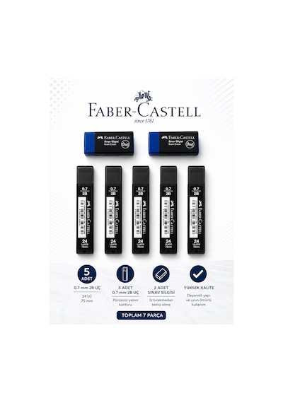 0,7 Uç 5 Adet Orta Boy Sınav Silgisi 2 Adet Faber-castell Set