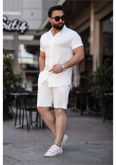 Mfz Giyim Beyaz Renk Ottoman Kumaş Slim Fit Erkek Şort - Gömlek Alt Üst Takım