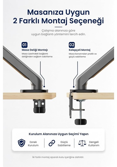 17-34 Lynx Series Gaz Pistonlu Tekli Monitör Kolu, 10 Kg, Vesa 75x75 Ve 100x100 Mm, Yükseklik Ve Açı Ayarlı, Masa K