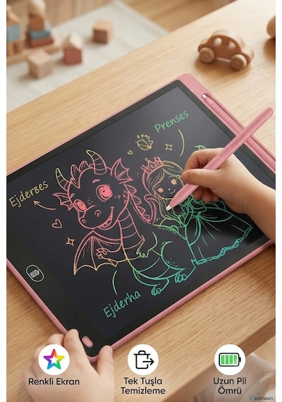20 Inc Renkli Lcd Grafik Dijital Kalemli Çizim Tableti Yazı Tahta Not Yazma Eğitim Tableti Pembe