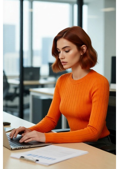 Ersefa Kadın Basic Fitted Bisiklet Yaka Uzun Kollu Triko Kazak İlkbahar Turuncu