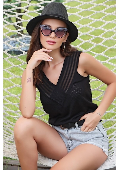 Aqe Fashion Kolsuz Ön Arka V Yaka Sim Detaylı Siyah-Siyah