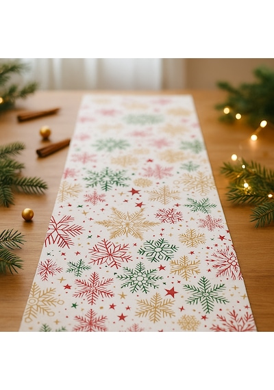 Yılbaşı Temalı Masa Runner I Krem Zeminli, Renkli Kar Tanesi Desenli 40x140 Cm Bej - Krem