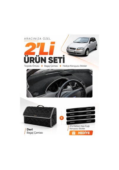 E-biz Chevrolet Kalos 2009-2013 Uyumlu Torpido Örtüsü + Deri Bagaj Çantası - Siyah-gri - Ch004